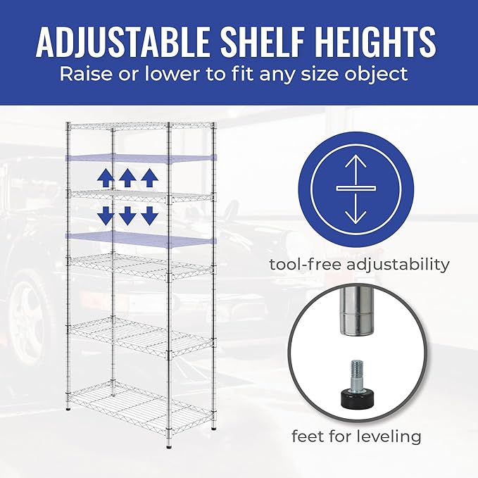 SafeRacks - NSF Certified Storage Shelves, Zinc, Heavy Duty Steel Wire Unit with Adjustable Feet, Garage or Bakers Rack, Kitchen, Pantry Shelf - (14"x30"x60" 5-Tier) (Silver)
