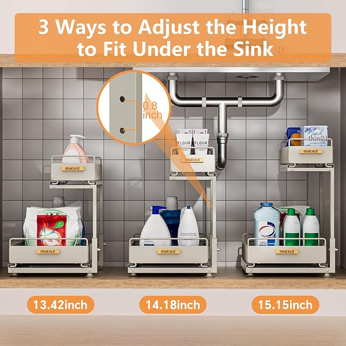 HOMEAILIE Under Sink Organizer, High Adjustable 2 Tier Under Kitchen Sink Organizer, Multi-Purpose Storage Shelf for Kitchen Bathroom Cabinet, Gray