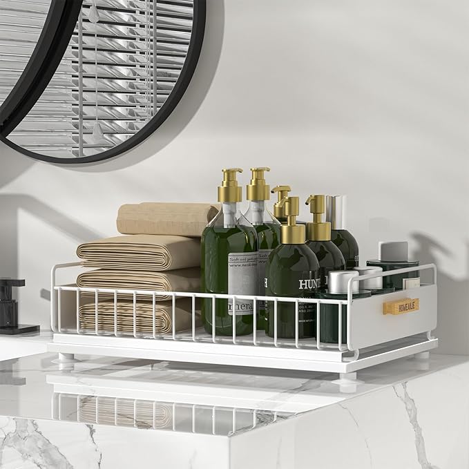 HOMEAILIE Under Sink Organizer, Single Tier Metal Pull Out Sliding Drawer Shelf for Kitchen Bathroom Cabinet Storage, Sturdy Rack – White