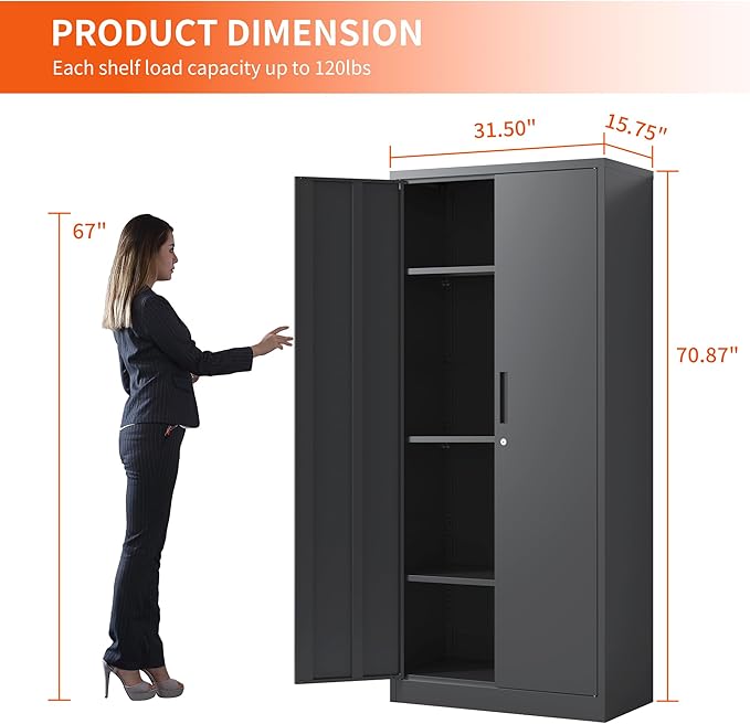 BIZOEIRON Metal Storage Cabinet with Adjustable Shelves, Garage Tool Cabinet with 2 Lockable Doors for Office, Home, Garage, Require Assembly, Black