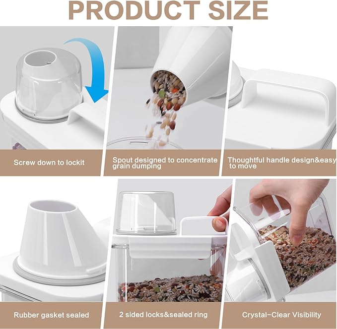 Air Tight Cereal Container Organizer Set of 6 Brown - 1800ML & 2300ML Total 417oz, Dry Food Storage for Pet Food, Rice, Oatmeal with Pour Spout Lid and Plastic Small Measuring Cup for Flour and Sugar