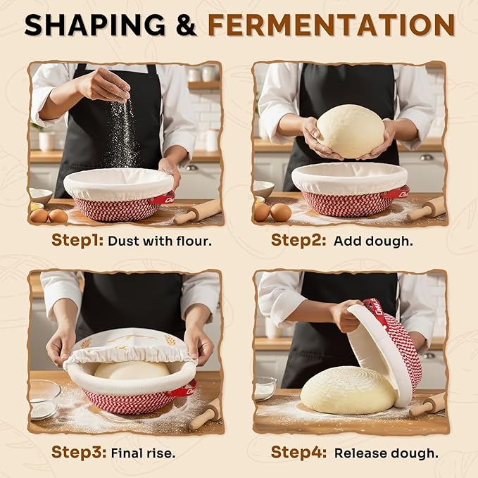 ONULISS Sourdough Starter Kit with 40oz Starter Jar, Banneton Bread Proofing Basket Set of 3 (9" Round,10" Oval,5" Mini), Cotton Rope Bread Making Tools for Sourdough Baking, Complete Gift for Bakers