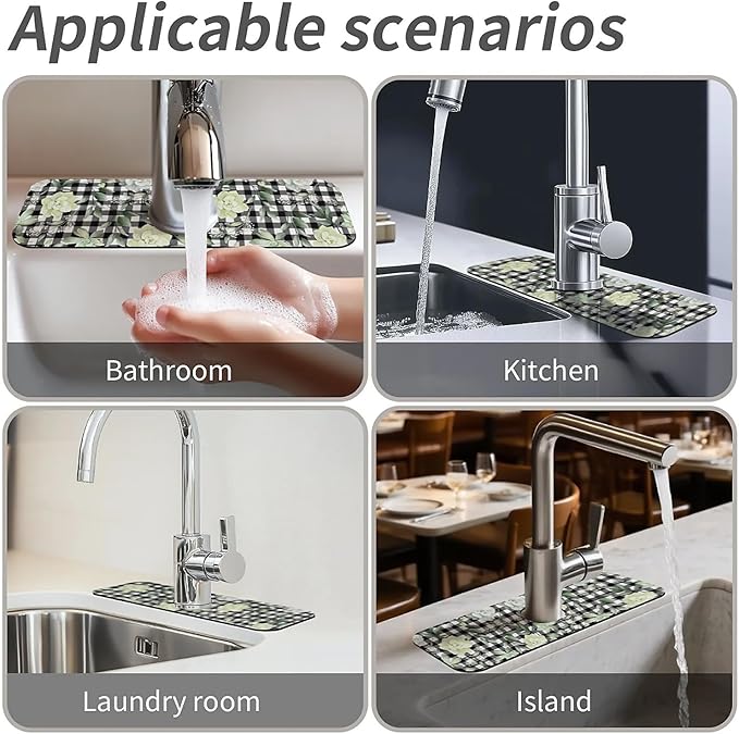 Kitchen Sink Splash Guard，succulents and checkered Faucet Mat Sink Gadgets-Super Absorbent Fast Drying Mat Drip Catcher for Kitchen, Bathroom,Sink Mat, Dish Drying Mat, Bathroom(15" X 5.5" )