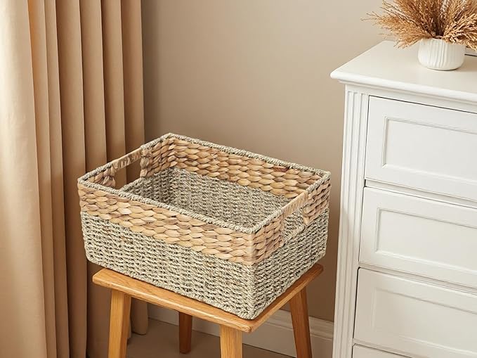 YAHUAN Natural Water Hyacinth & Seagrass Woven Storage Baskets – Wicker Storage Basket Organizer Bins with Handles for Home & Office Pantry Shelf (Large)