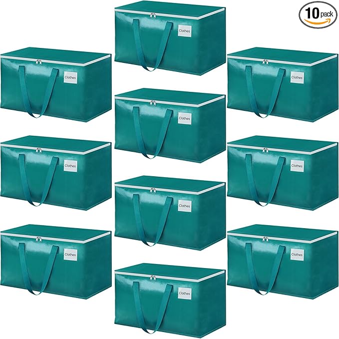 StorageRight Moving Bags-Heavy Duty Moving Boxes, Storage Totes with Zipper, Reinforced Handles and Tag Pocket-Collapsible Moving Supplies for moving, Storage and Travel 93L(Green-10 Pack)