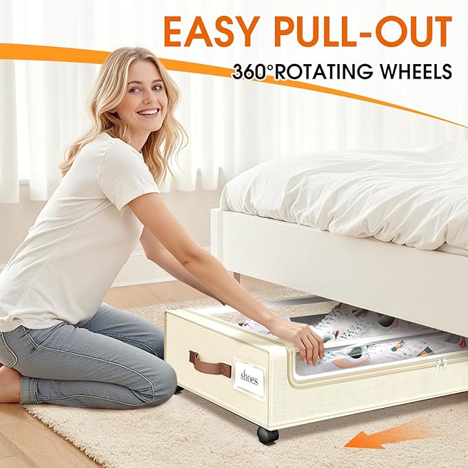 Under Bed Storage with Wheels 1Pack Underbed Storage with Clear Window&Label Under Bed Drawers Large Capacity Rolling Under Bed Storage for Clothes,Shoes, Blankets (Beige)