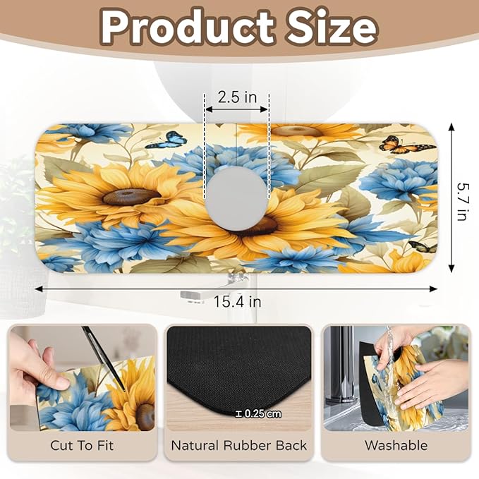 Sunflower Blue Bloom Kitchen Faucet Mat Splash Guard, 15.4”x5.7” Absorbent Quick Drying Sink Mat for Countertop Protection, Draining Mat Sink Protectors For Kitchen Bathroom, 2 Pack