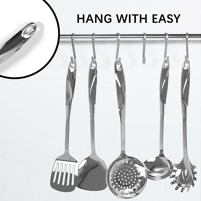 IMEEA 5-Piece Cooking Utensils Set SUS304 Stainless Steel Kitchen Utensils Set Includes Slotted Spatula, Soup Ladle, Solid Turner, Pasta Server & Skimmer