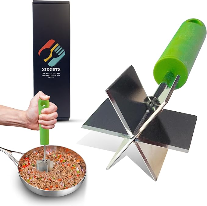 Stainless Steel Meat Masher and Chopper with Soft Grip Handle – Heavy Duty Handle & Mashing Head for Ground Beef, Meat, and More - 9", Dishwasher Safe (Zippy Green)