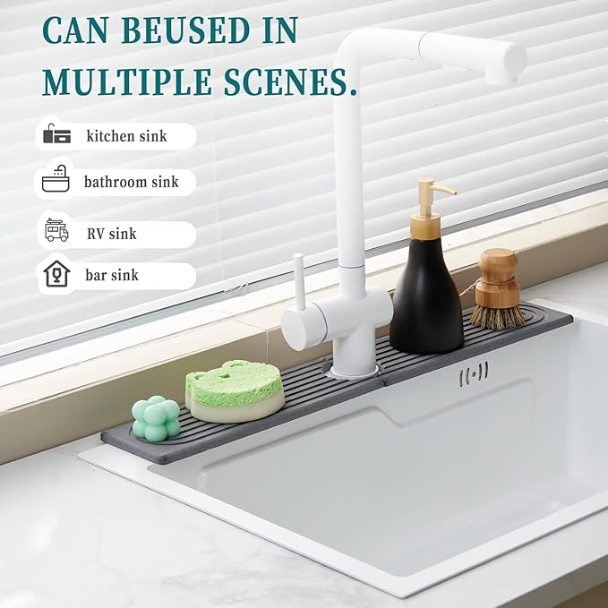23.6 Inch Water-Absorbing Stone Faucet Mat for Kitchen Sink Bathroom Counter，Dark Grey Diatomite Drying Stone Mat, Sink Stone Tray Protector,Prevent Moisture Sink Splash Guard
