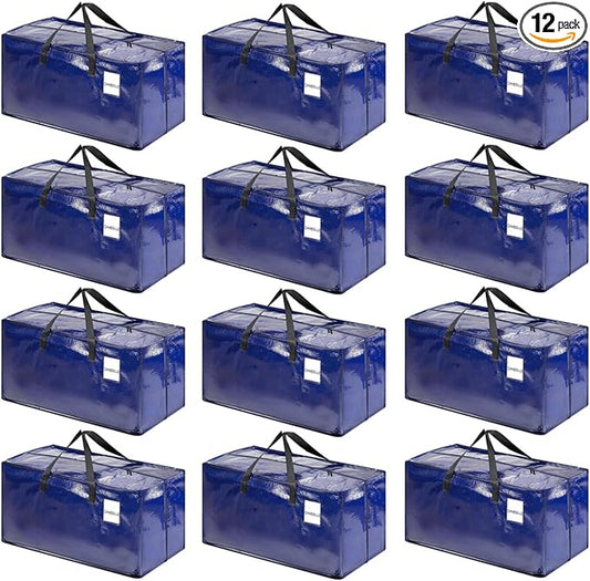 CHVEGLUZ 12 Packs Moving Bags Heavy Duty Extra Large,Storage Bags with Zipper&Handles, Sturdy&Durable Clothes Storage Bags Totes for College Dorm Essentials, Moving Boxes for College Supplies, Blue