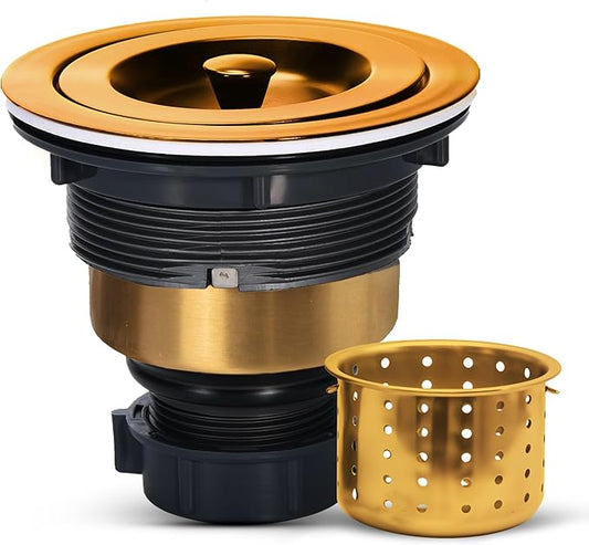 Strictly Sinks Sink Drain Strainer with Removable Basket - 3-1/2 Inch Stainless Steel Round Kitchen Sink Drain Assembly Kit with Deep Strainer Basket & Stopper (Gold)