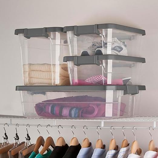 Sterilite 6-Pack Modular Stacker Box, Durable Clear Plastic Storage Bins with Latching Lids, 30 Quart - Stackable Organizing Container Boxes for Closet, Bathroom, and Office