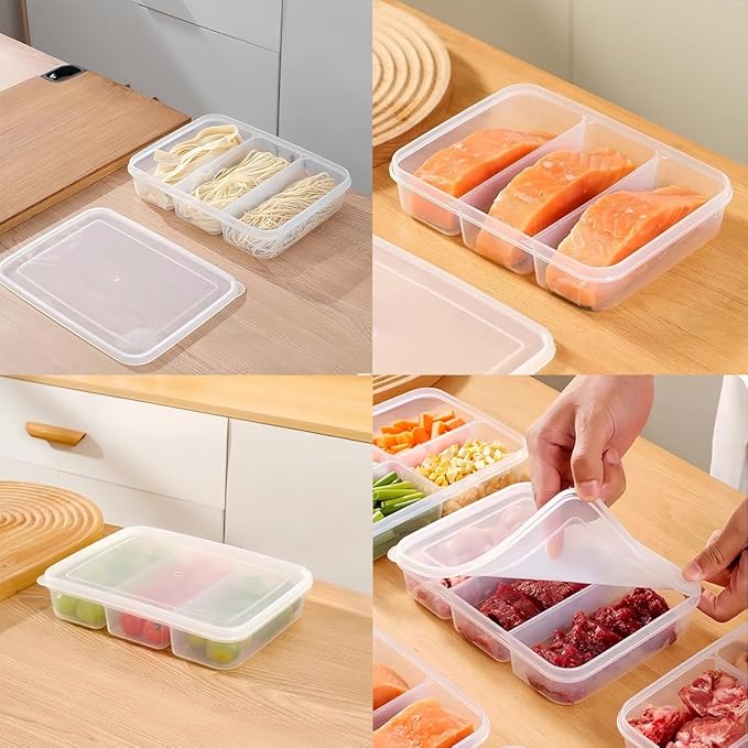 4 Pcs Reusable Food Storage Containers with Lids, Food Containers for Storing fruits, Meat, Snacks Spices、Seasonings and Vegetables.(3 Compartments)