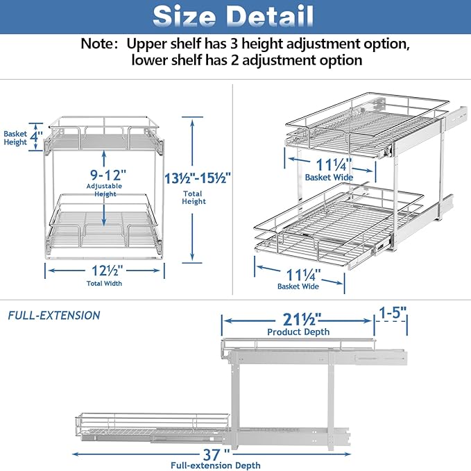 MODCART 2 Tier Individual Pull Out Cabinet Organizer 12½" W x 21½" D, Heavy Duty Cabinet Pull Out Shelves, Slide Out Drawers Organization for Kitchen Cabinets Bathroom