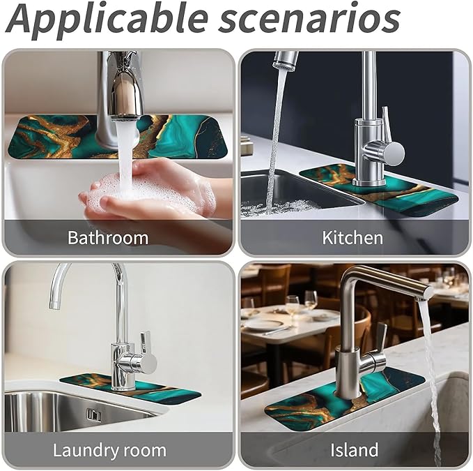 Kitchen Sink Splash Guard，Cyan and gold marble Faucet Mat Sink Gadgets-Super Absorbent Fast Drying Mat Drip Catcher for Kitchen, Bathroom,Sink Mat, Dish Drying Mat, Bathroom(15" X 5.5" )