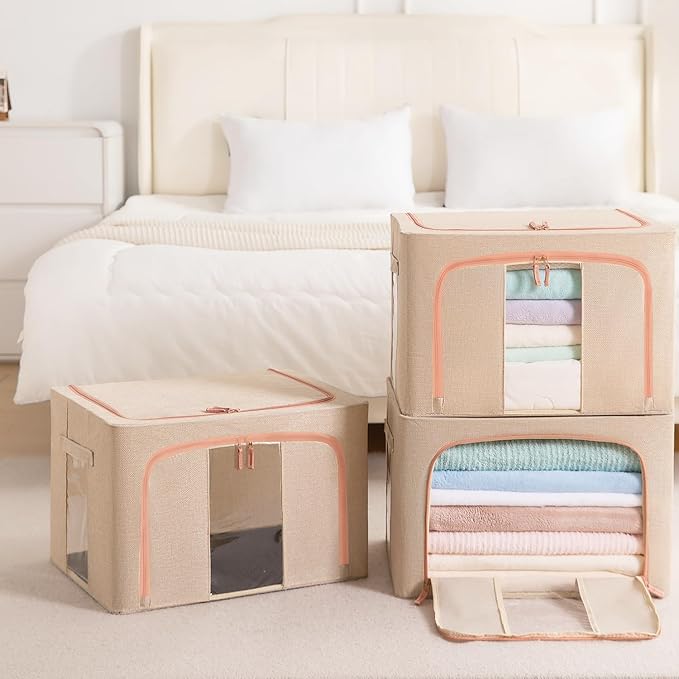 GuliPostan 100L Stackable Clothes Storage Bins with Metal Frame Handles & Zipper, Collapsible Closet Organizer Box with Lid for Bedding Blankets Towel (Beige,1 pack)