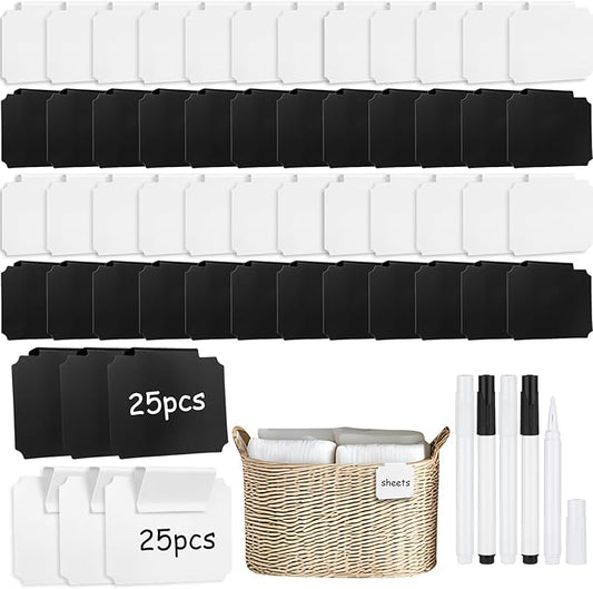 50 Pcs Basket Labels Clip on with 4 Black Chalk Markers Reusable Plastic Storage Bin Erasable Labels Kitchen Pantry PVC Tag Stickers for Fabric Cubes Basket Box Organization (White and Black)
