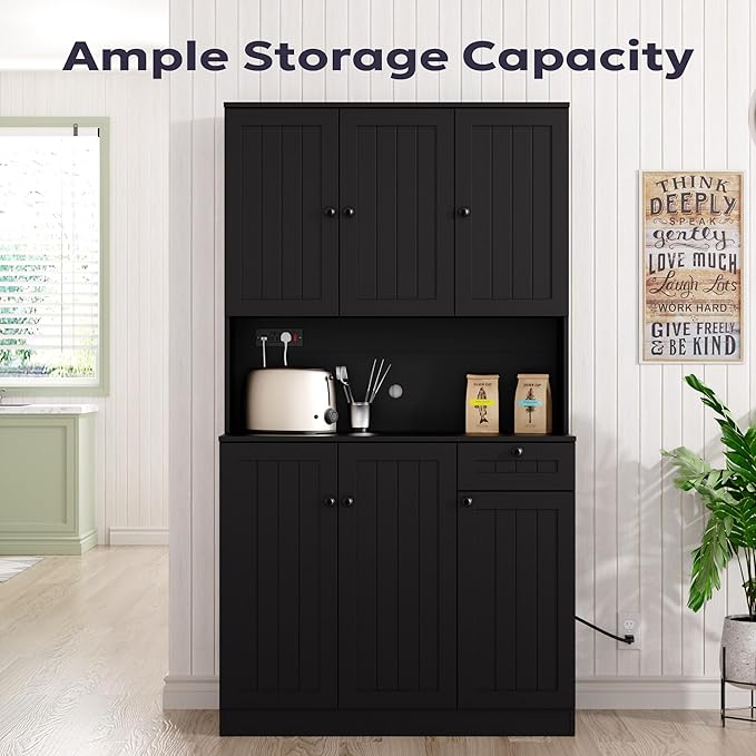 Furnify 71" Pantry Cabinet with Charging Station, Tall Kitchen Pantry Storage Cabinet with Microwave Stand, Farmhouse Kitchen Hutch with Storage Drawer for Living Room, Dining Room, Black