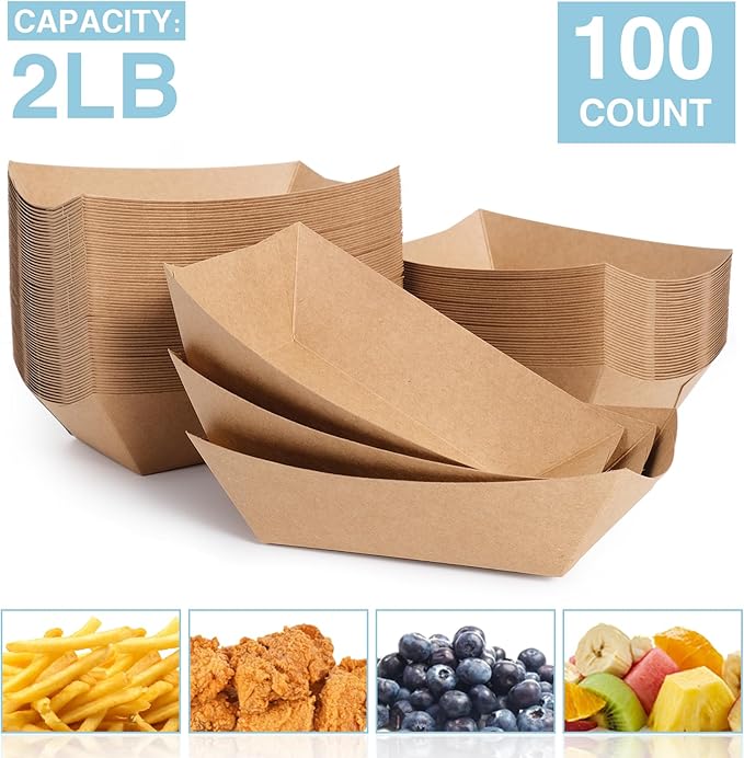 FGCHEEF 2lb Paper Food Trays, 100 Pack Disposable Paper Food Boat Serving Boats for French Fries Nachos Snack Hot Dog Taco BBQ Popcorn Bachelor Party Picnic