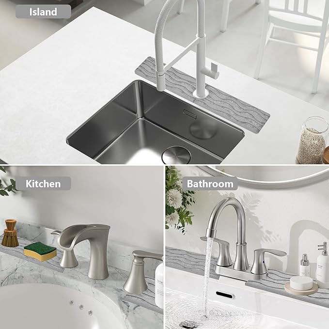 Stone Faucet Mat for Kitchen Sink - Drying Stone with Non-slip Pads, Sink Water Splash Guard for Bathroom Counter, Sink Caddy Holds Soap & Tools, 23.6 × 3.9in, Light Gray, Wavy Motifs