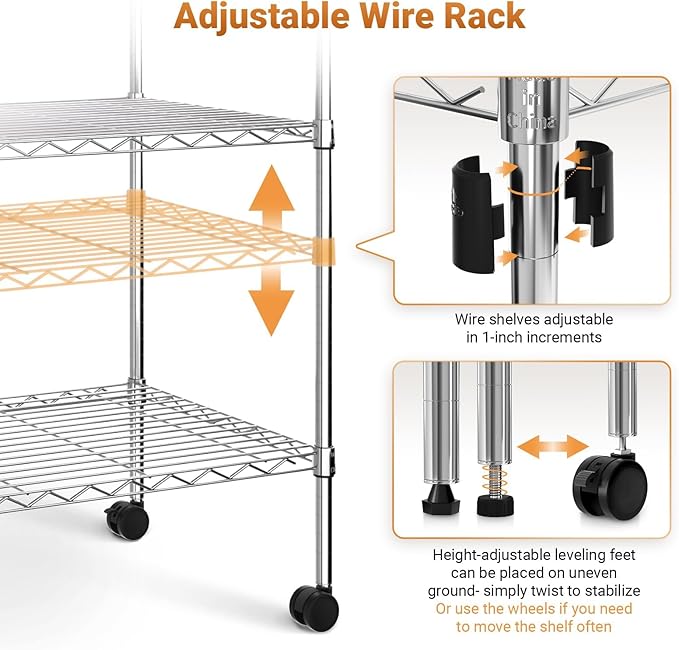 YSSOA Heavy Duty 4-Tier Shelving with Wheels, 35.43" W x 17.72" D x 61.02" H Adjustable Steel Organizer Wire Rack, 1400 Lbs Loading Capacity, Chrome