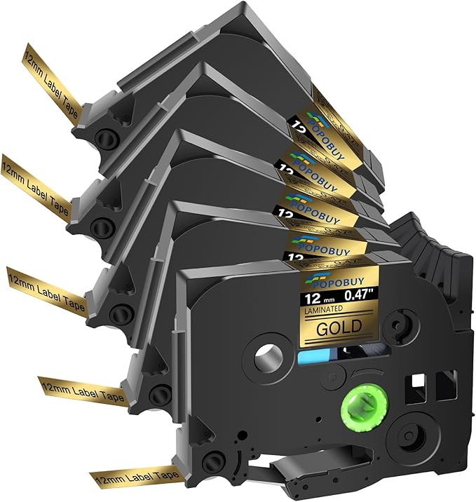 TZ TZe 12mm 0.47 Laminated Gold Tape Compatible for Ptouch TZ831 TZ-831 TZe-831 TZe831 Label Tape for PTD210 PTD400 PTD220 PTH110 Label Maker, 5 Pack Black on Gold