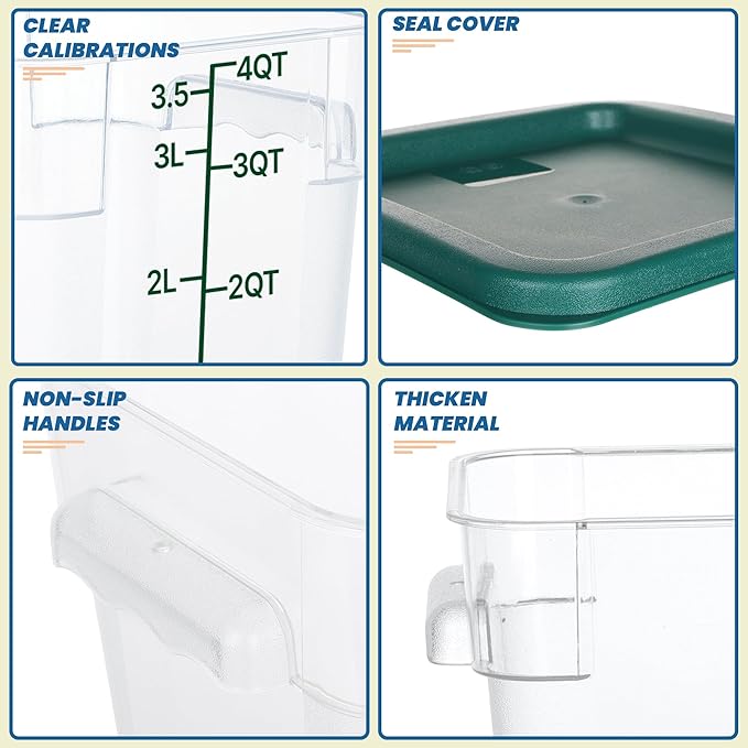 BIEAMA 4 Pack Food Storage Containers with Lids, 4 Quart Square Commercial Food Containers, NSF, Polycarbonate, Clear