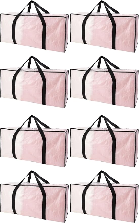 Extra Large Moving Bags with Zippers & Carrying Handles, Heavy-Duty Storage Tote for Space Saving Moving Storage, Fold Flat, Alternative to Box and Bin - 8 Pack, Semi-Transparent