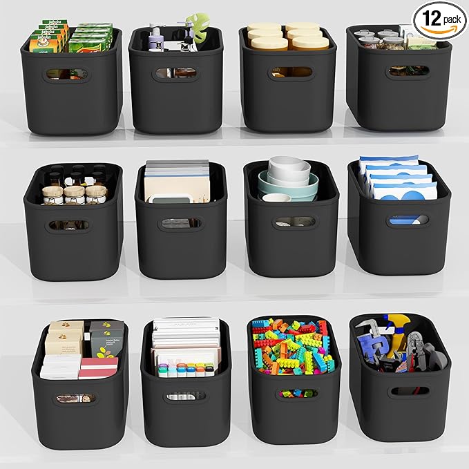 12 Pack Black Storage Bins for Shelves, Plastic Storage Containers for Organizing, Stackable Storage Boxes with Handle, Black Storage Bins for Classroom, Craft, Snacks, Cabinet, 9.7x6.7x5.7inch