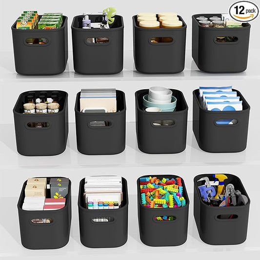 12 Pack Black Storage Bins for Shelves, Plastic Storage Containers for Organizing, Stackable Storage Boxes with Handle, Black Storage Bins for Classroom, Craft, Snacks, Cabinet, 9.7x6.7x5.7inch