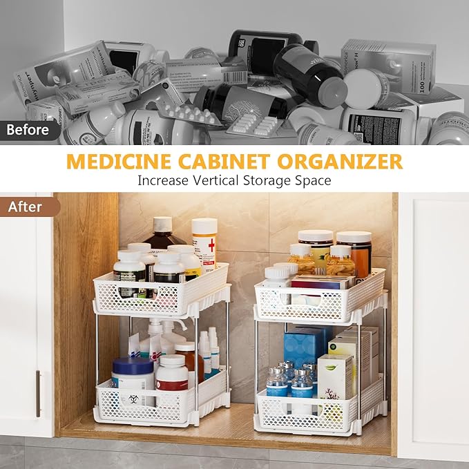 4 Pack Pull Out Bathroom Organizers and Storage, 2 Tier Stackable Under Sink Storage Organizer for Bathroom, Kitchen Cabinet, Pantry, and Medicine Holder, Organization and Storage - White