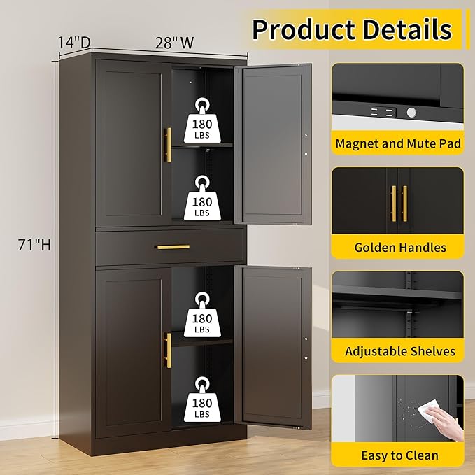 Metal Kitchen Pantry Cabinet, 71"Tall Cabinet with 1 Drawer, Doors and 2 Adjustable Shelves, Pantry Cabinets for Kitchen Storage, Metal Storage Cabinet for Kitchen, Dining Room, Living Room- Black