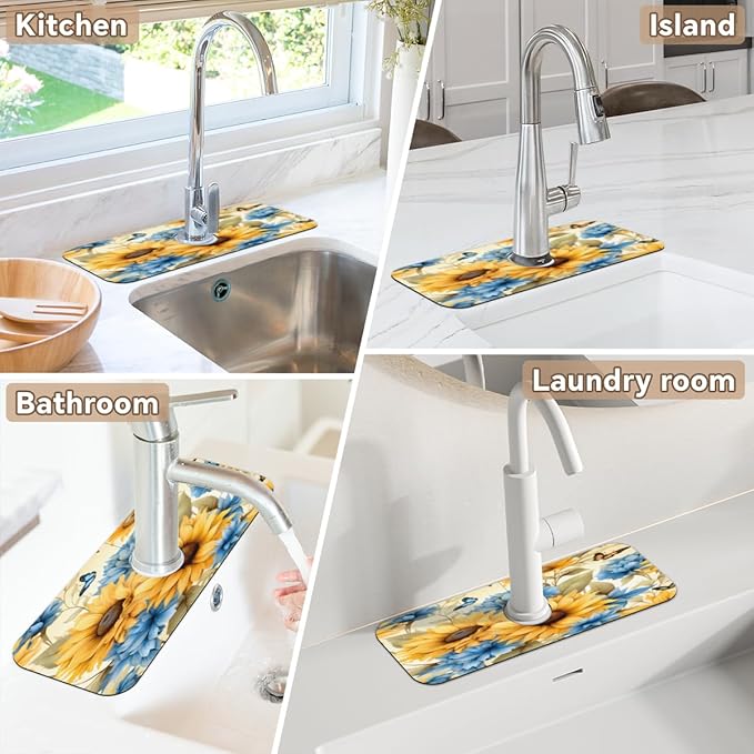 Sunflower Blue Bloom Kitchen Faucet Mat Splash Guard, 15.4”x5.7” Absorbent Quick Drying Sink Mat for Countertop Protection, Draining Mat Sink Protectors For Kitchen Bathroom, 2 Pack