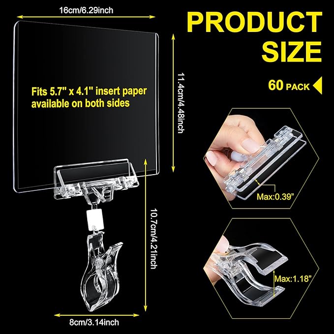 Fainne 60 Pieces Rotating Clip on Sign Holder Plastic Merchandise Retail Display Sign Clip Holder with Clamp Pop Swivel Rack Card Sign Business Store Price Tags Sign Holder