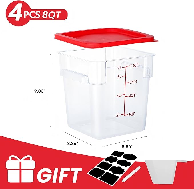 BIEAMA 4 Pack Food Storage Containers, 8 Quart with Lids, Square Commercial Containers with Scale, NSF, Polycarbonate, Clear