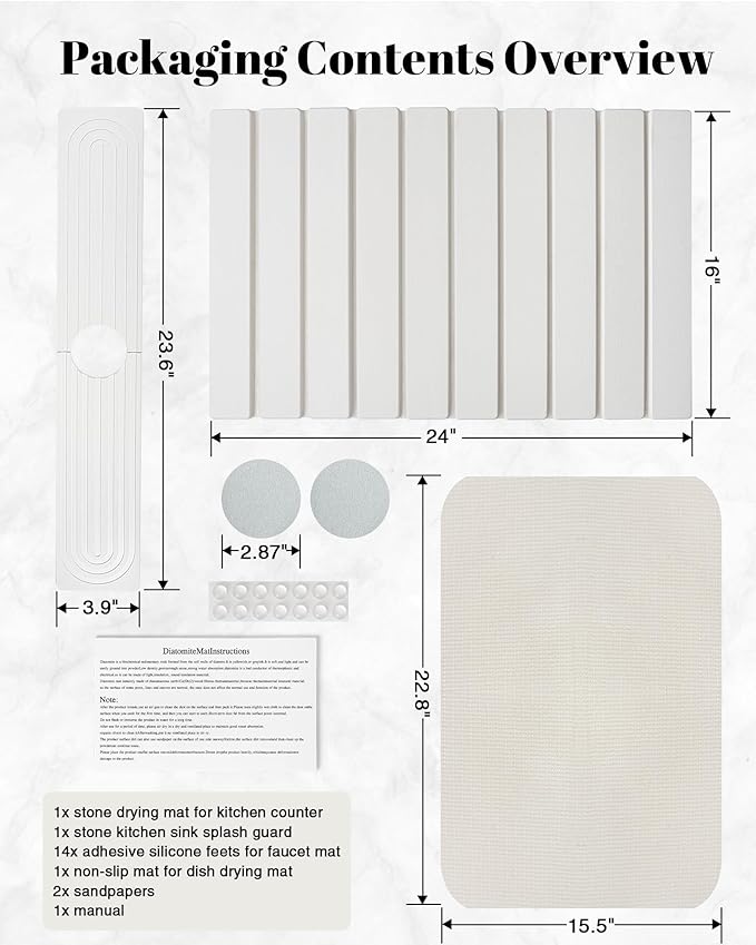 Set of 2 Large Stone Dish Drying Mat for Kitchen Counter + Faucet Mat for Kitchen Sink, Collapsible Fast Drying Diatomaceous Dish Mat, Stone Sink Splash Guard, Water Absorbing Stone Tray for Sink