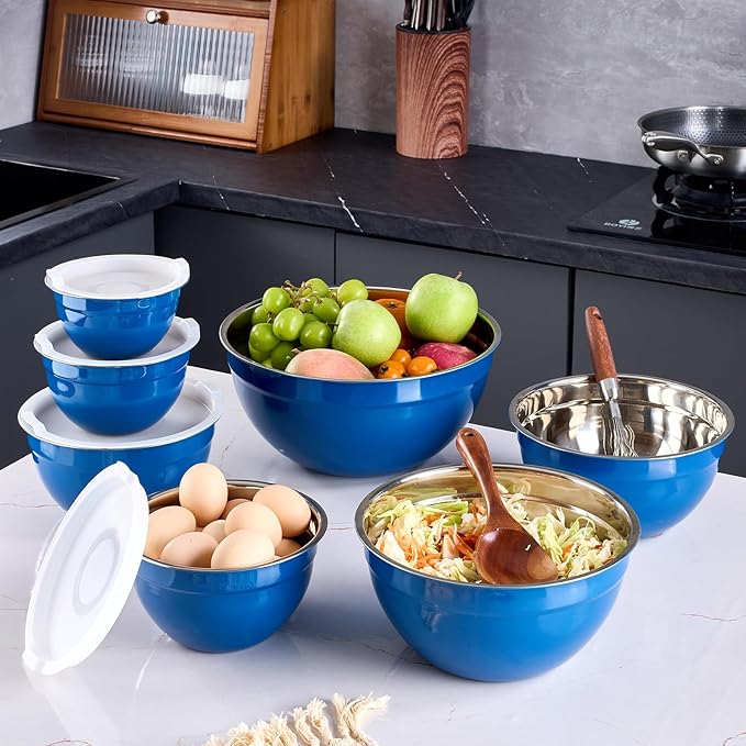 Onlycooker Blue Mixing Bowls With Airtight Lids,Stainless Steel Bowl,Salad Bowls 7 Piece Colorful Nesting Bowl Blue Kitchen Accessories,Size 7,3.6,2.7,2.1,1.5,1.1,0.8QT Stackable Design