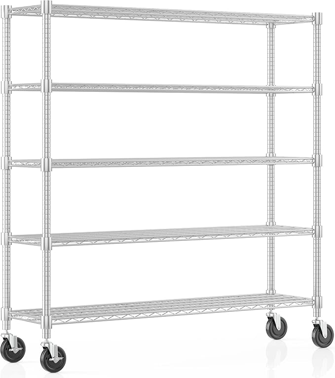 Homdox Heavy Duty Metal Shelves for Storage, 5 Tier Storage Racks and Shelving, Commercial Adjustable Wire Shelving Unit on Wheels, Garage Rack Pantry Shelves Kitchen Shelving, 18"x60"x82", Chrome