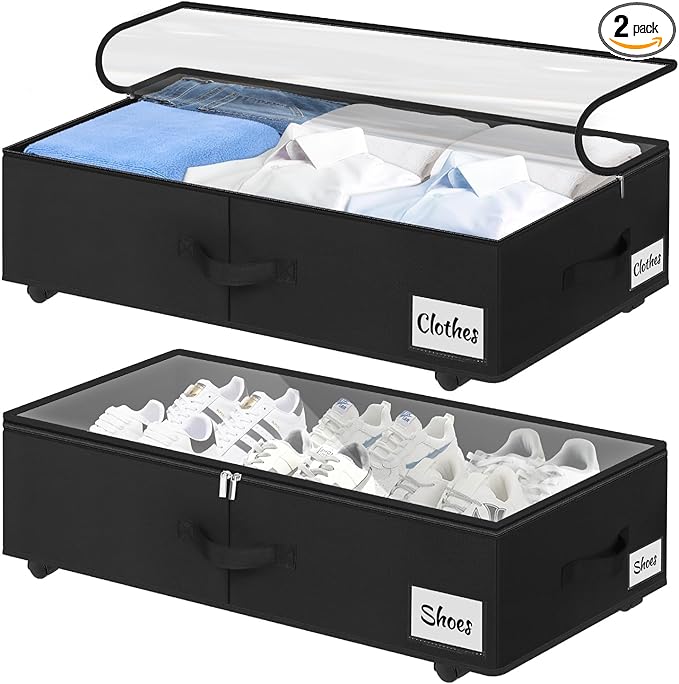 Under Bed Storage with Wheels, 2-Pack 6.7" Height XL 50L Rolling Storage Bins, Quick Assembly Underbed Shoe Storage Containers with Clear Lid & Label, Dorm Under bed Drawers for Clothes, Shoes, Black