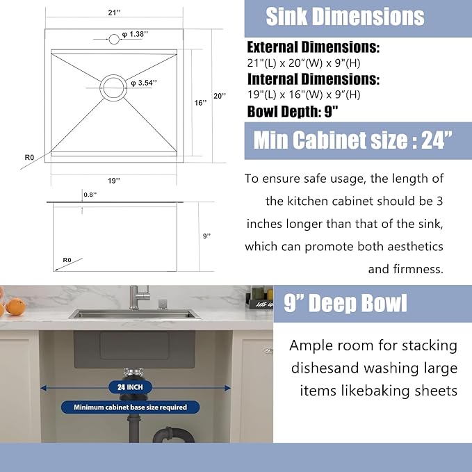Drop In Kitchen Sink, 21x20 Inch Bar Sink Workstation Stainless Steel Outdoor Topmount Small Sinks, Single Bowl Kitchen Sinks for Laundry Office Wet Bar Prep RV Yard