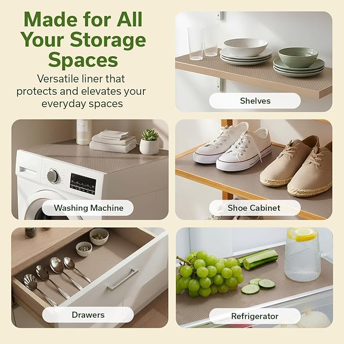 EVALAND Shelf Liners for Kitchen Cabinets Non-Adhesive 17.7" x 33 FT Beige Drawer Liner Non Slip, Washable Cabinet Liner, Waterproof Shelf Liners for Cabinets, Refrigerator Bathroom Pantry Cabinet Mat