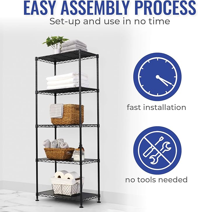 SafeRacks - NSF Certified Storage Shelves, Zinc, Heavy Duty Steel Wire Unit with Adjustable Feet, Garage or Bakers Rack, Kitchen, Pantry Shelf - (24"x14"x60" 5-Tier) (Black)
