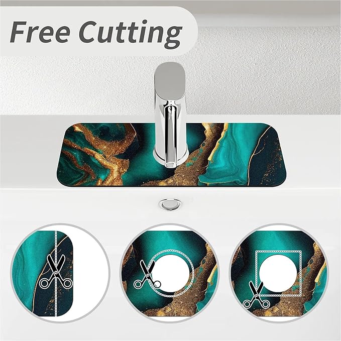 Kitchen Sink Splash Guard，Cyan and gold marble Faucet Mat Sink Gadgets-Super Absorbent Fast Drying Mat Drip Catcher for Kitchen, Bathroom,Sink Mat, Dish Drying Mat, Bathroom(15" X 5.5" )