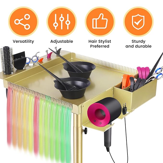 Multi-Function Salon Tray,Extension Hair Cart,Hairstylist Rolling Cart with Storage Platform and Hair Separator Stand,Gold