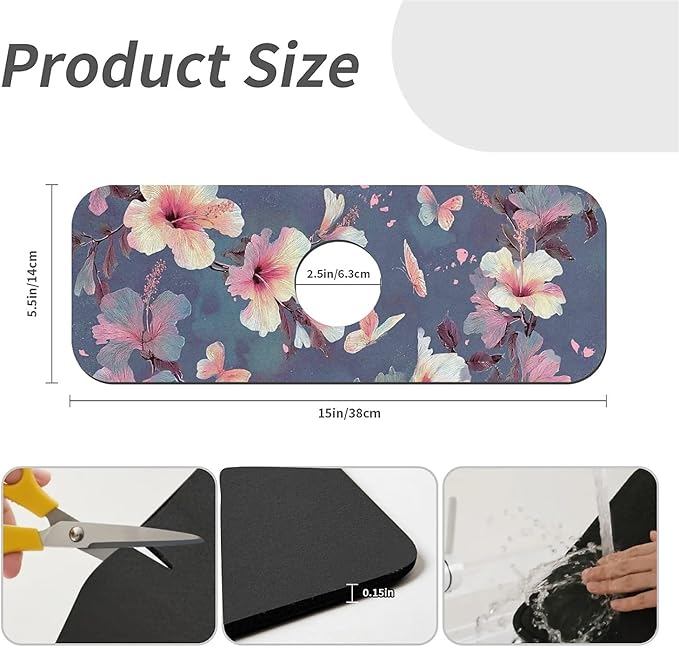 Kitchen Sink Splash Guard，Japanese camellia butterfly Faucet Mat Sink Gadgets-Super Absorbent Fast Drying Mat Drip Catcher for Kitchen, Bathroom,Sink Mat, Dish Drying Mat, Bathroom(15" X 5.5" )