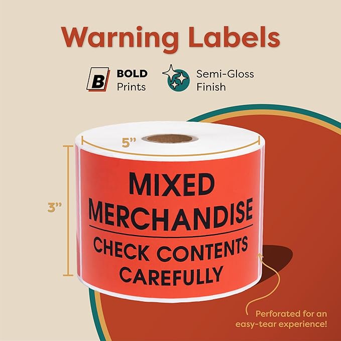 Aegis Adhesives - 3" X 5" Mixed Merchandise - Check Contents Carefully Labels - Red Shipping Stickers with Permanent Adhesive (1 Roll, 500/Roll)