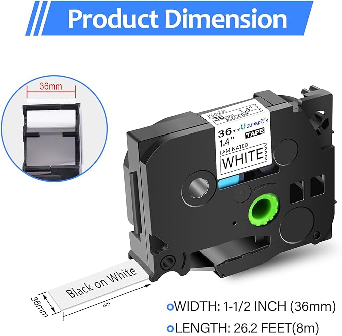 10 Pack TZe-261 36mm 1.4 Laminated White Tape Compatible with Brother P Touch Label Tape 1-1/2 inch TZe TZ-261 TZe261 Black on White TZe TZ Label for PT-D600 PT-D610BT PT-P700 PT-P710BT