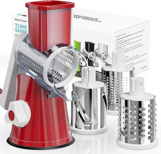 Nexsujo Rotary Cheese Grater Hand Crank, 3 Blades Slicer Shredder, Cheese Grater for Kitchen, Multi-Functional Kitchen Tool for Vegetables, Nuts, Chocolate, with Strong Suction Base, Red