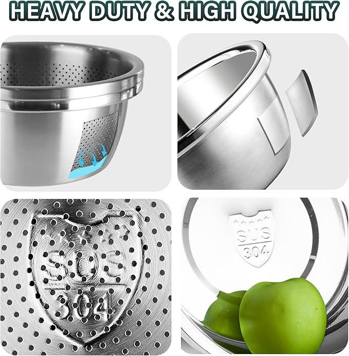 POPGRADE 304 Stainless Steel Colander 4QT Microporous Colander & Large Bowl for Kitchen,Rice Strainer with Salad Mixing Bowl for Pasta Straining,Fruit Washing,Vegetable Draining,Food Mixing(2PCs)